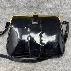 Vintage ELBIEF England Handbag Black Patent Leather Purse‎ Gold Clasp